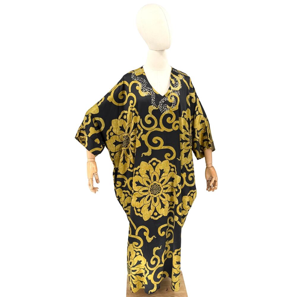Natori Black Gold Floral Sequin Batwing Kaftan Maxi Dress